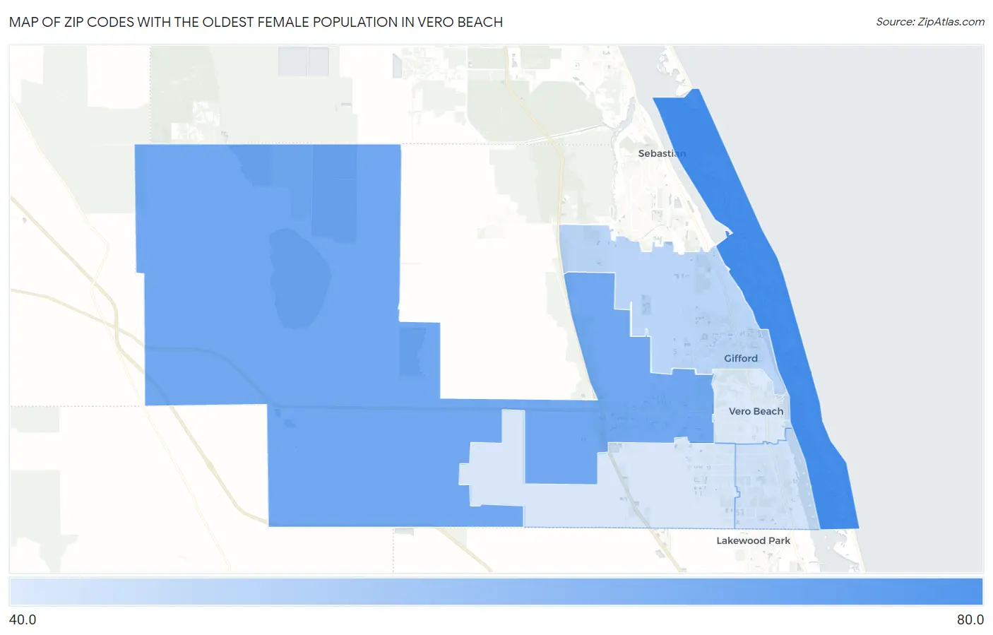 Zip Codes with the Oldest Female Population in Vero Beach Map