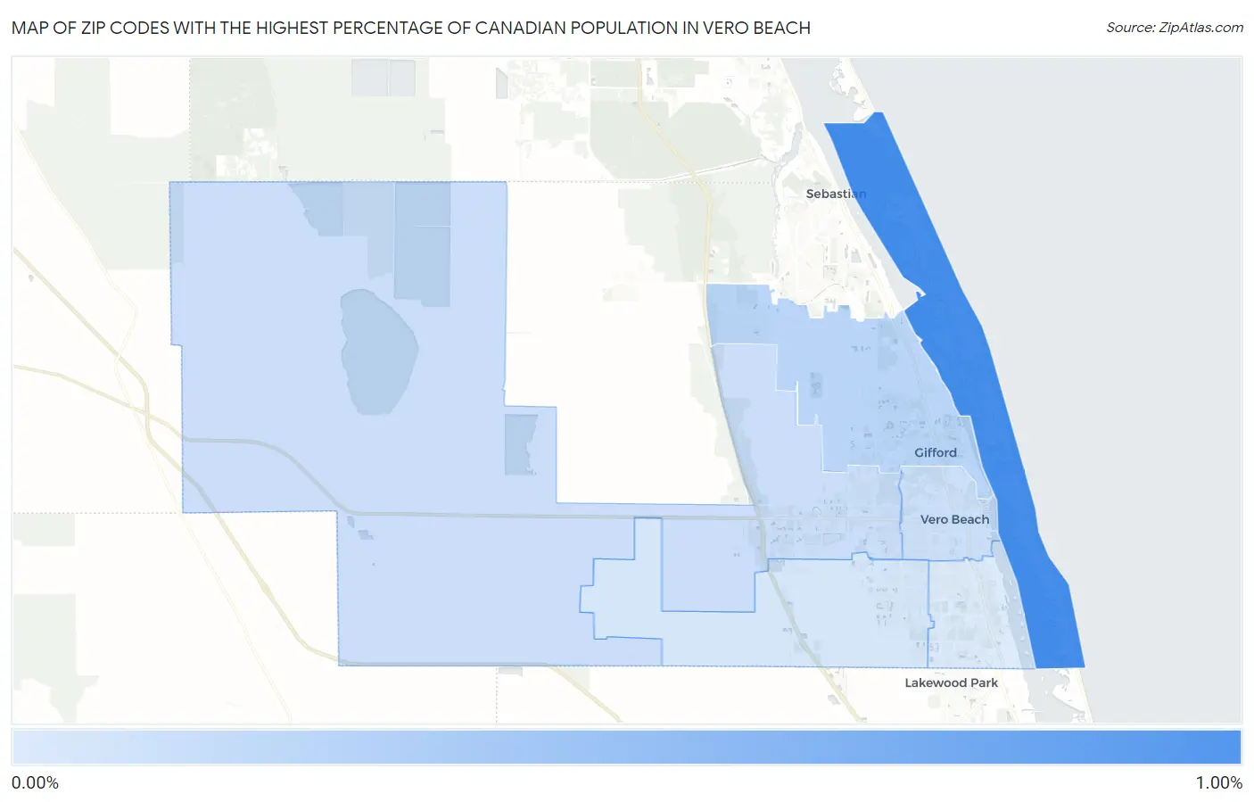 Zip Codes with the Highest Percentage of Canadian Population in Vero Beach Map