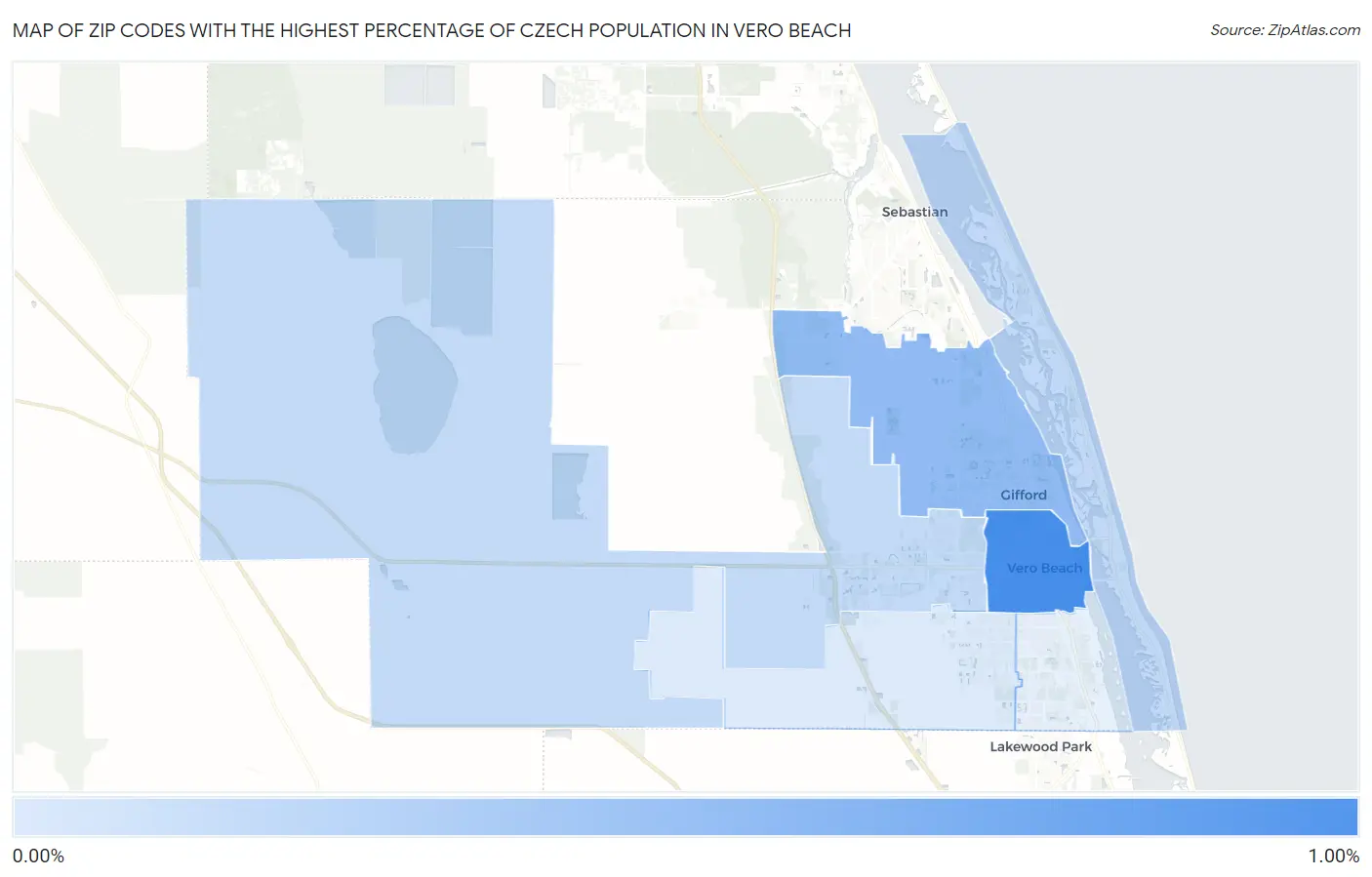 Zip Codes with the Highest Percentage of Czech Population in Vero Beach Map