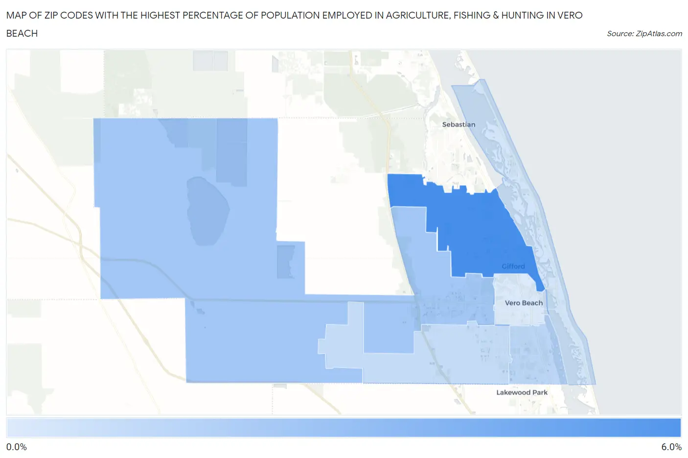 Zip Codes with the Highest Percentage of Population Employed in Agriculture, Fishing & Hunting in Vero Beach Map