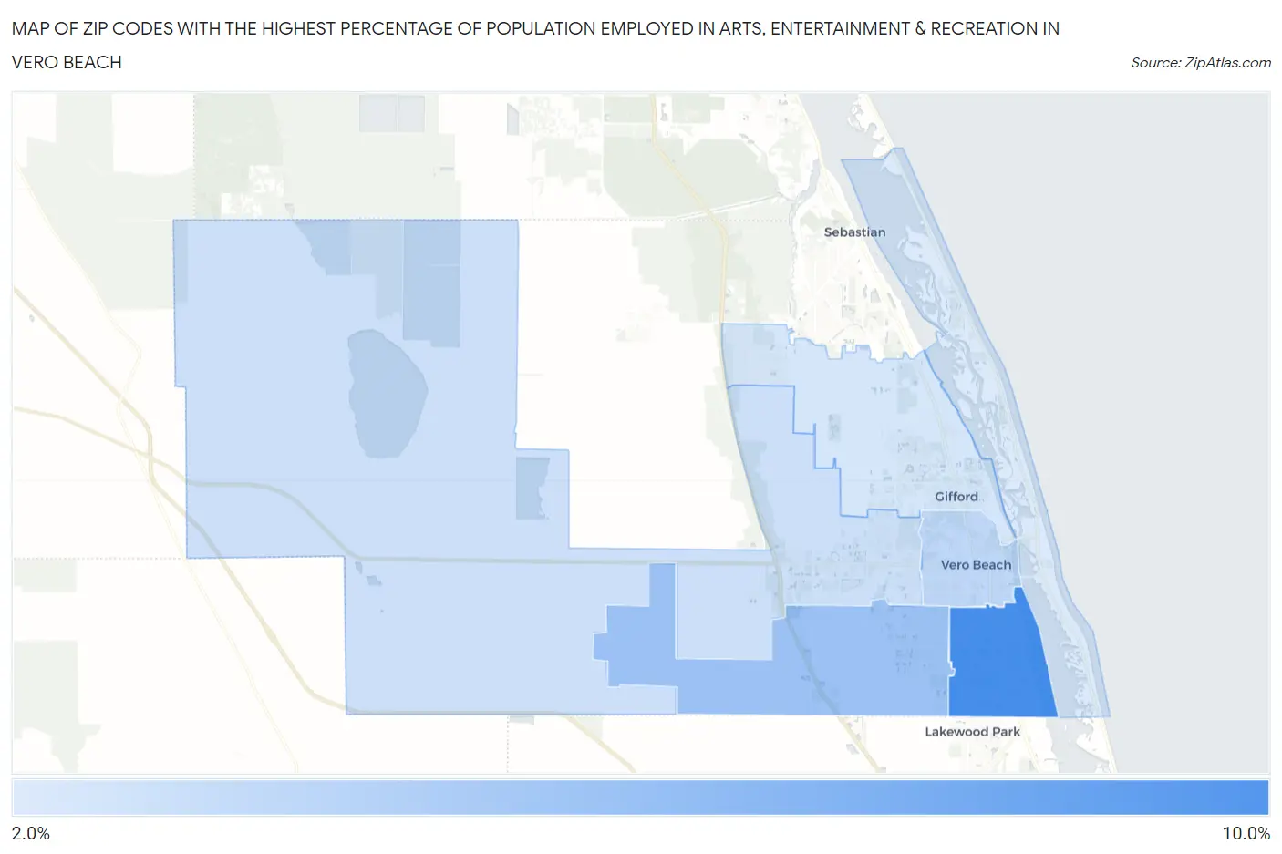 Zip Codes with the Highest Percentage of Population Employed in Arts, Entertainment & Recreation in Vero Beach Map