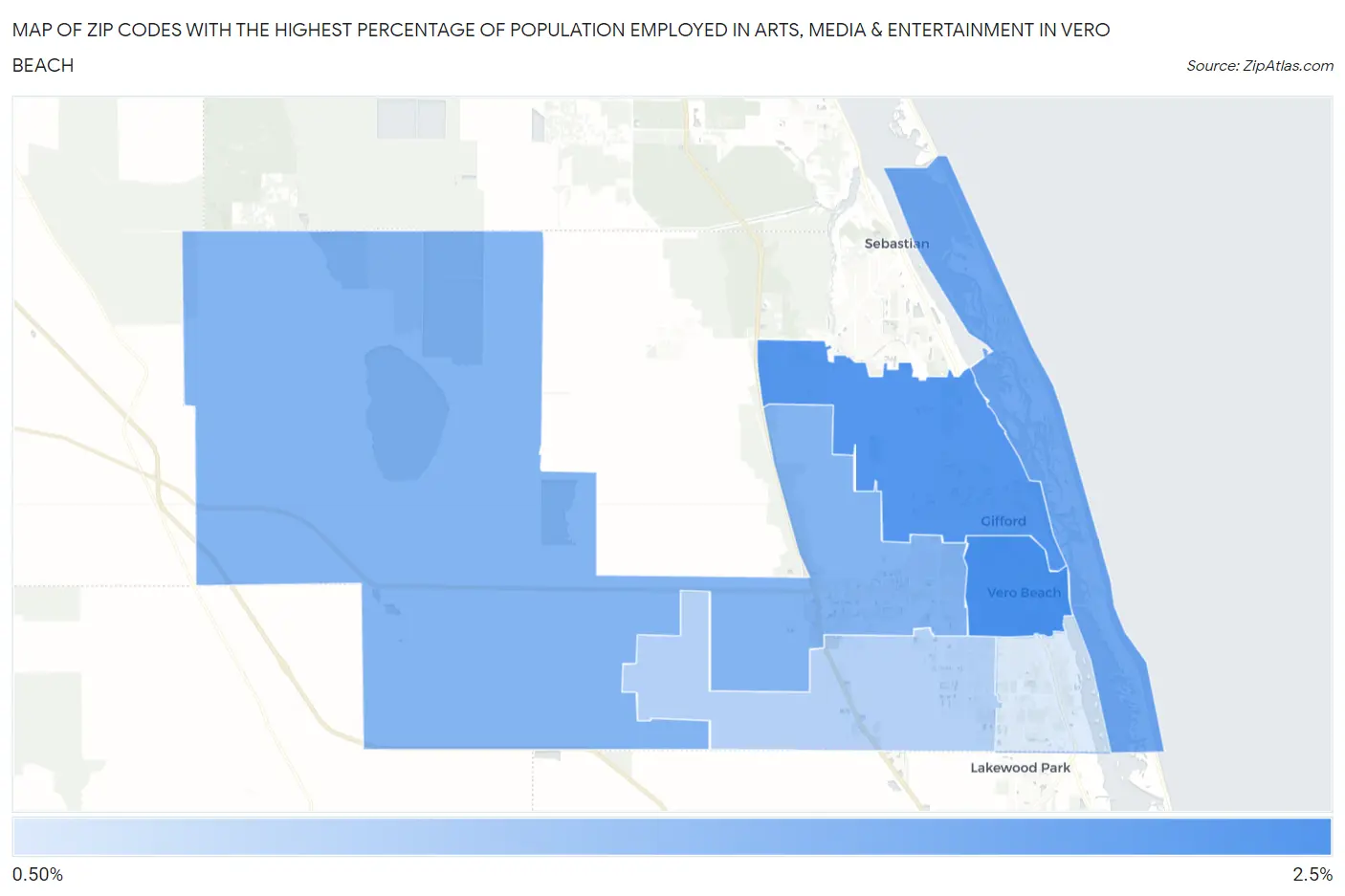 Zip Codes with the Highest Percentage of Population Employed in Arts, Media & Entertainment in Vero Beach Map
