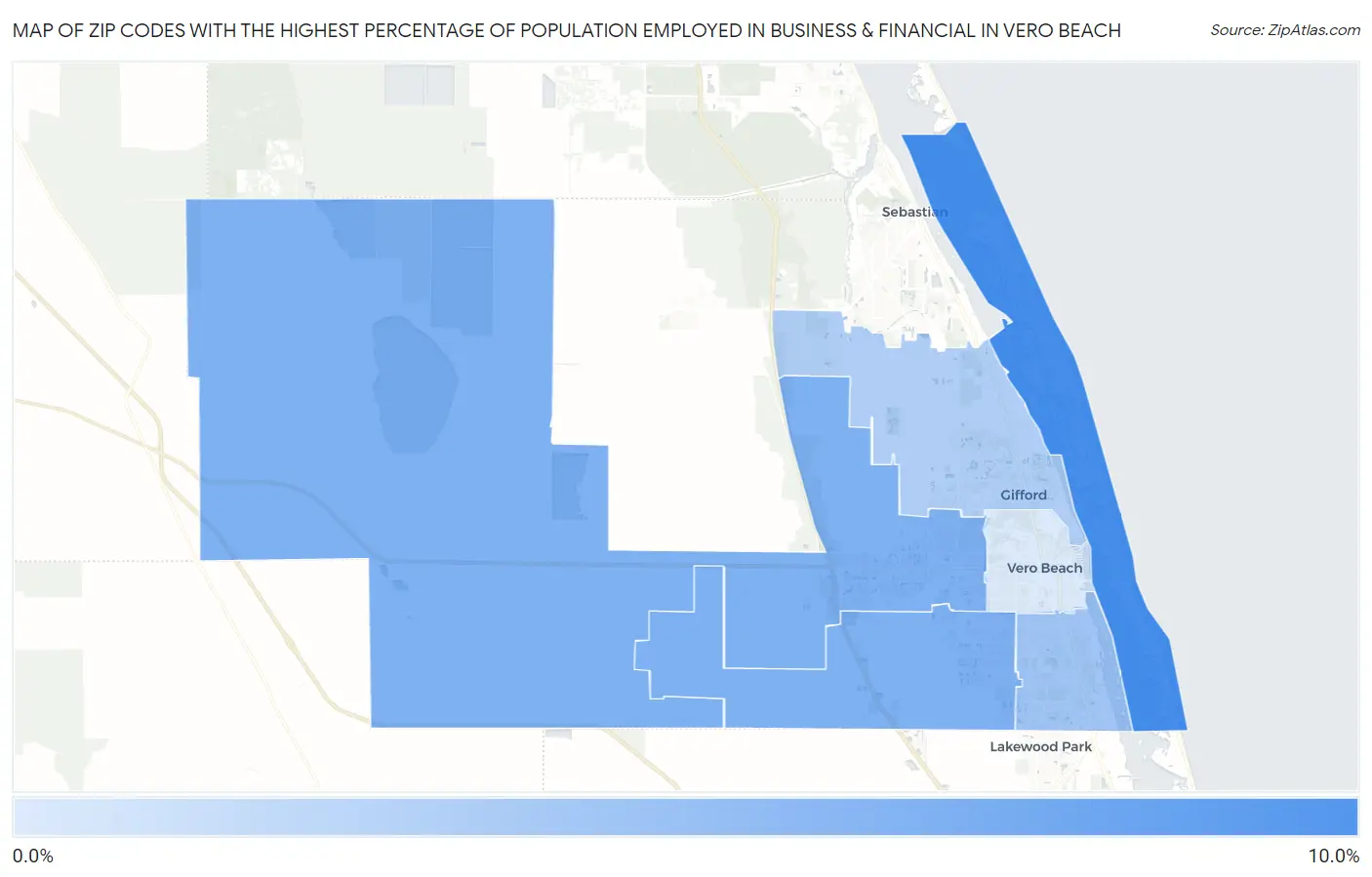 Zip Codes with the Highest Percentage of Population Employed in Business & Financial in Vero Beach Map