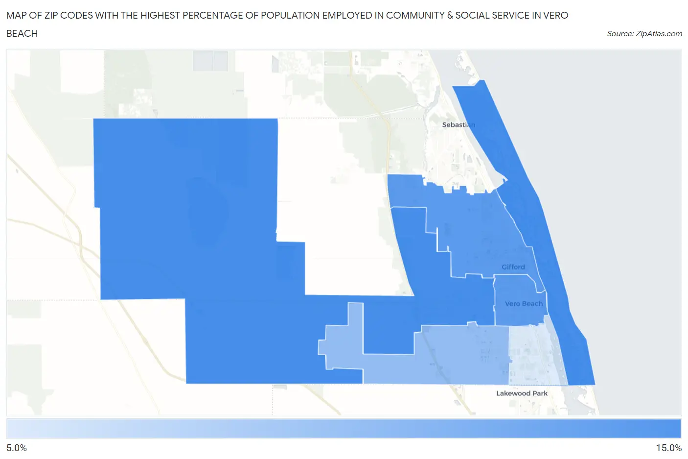Zip Codes with the Highest Percentage of Population Employed in Community & Social Service  in Vero Beach Map