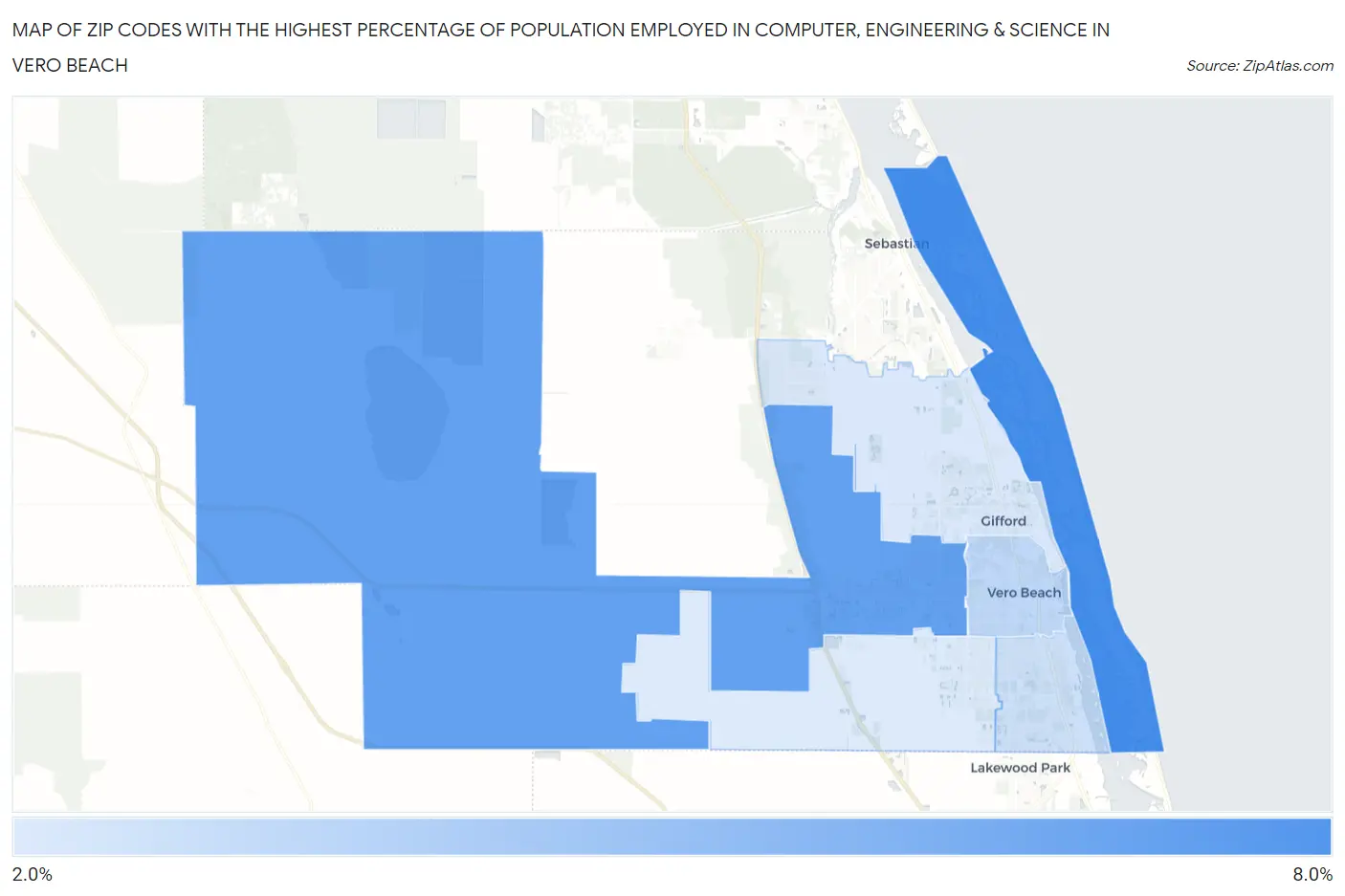 Zip Codes with the Highest Percentage of Population Employed in Computer, Engineering & Science in Vero Beach Map