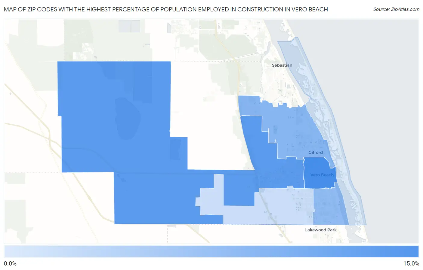 Zip Codes with the Highest Percentage of Population Employed in Construction in Vero Beach Map