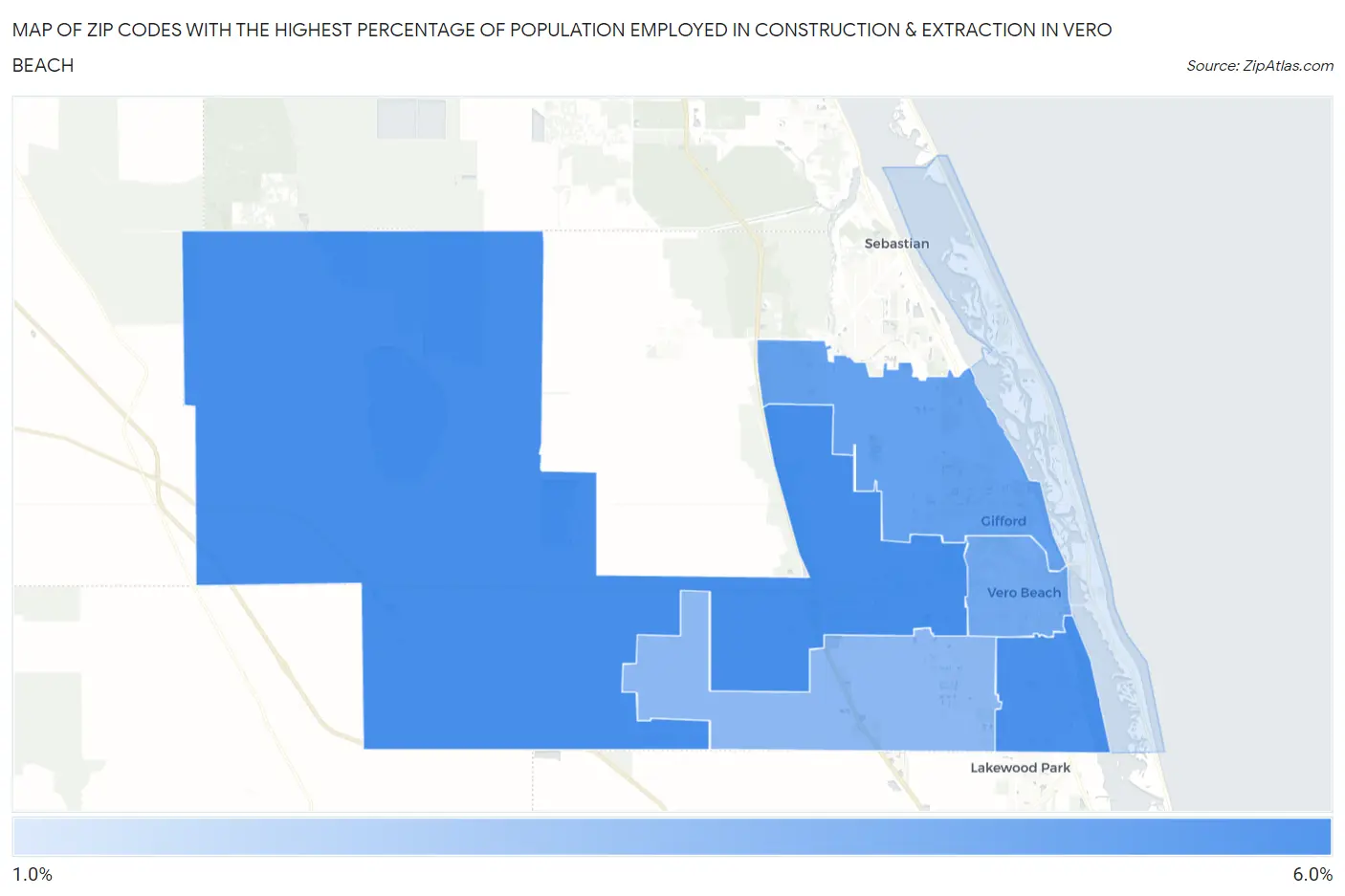 Zip Codes with the Highest Percentage of Population Employed in Construction & Extraction in Vero Beach Map