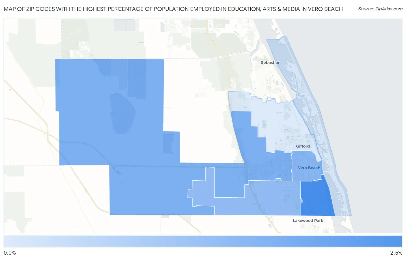 Zip Codes with the Highest Percentage of Population Employed in Education, Arts & Media in Vero Beach Map