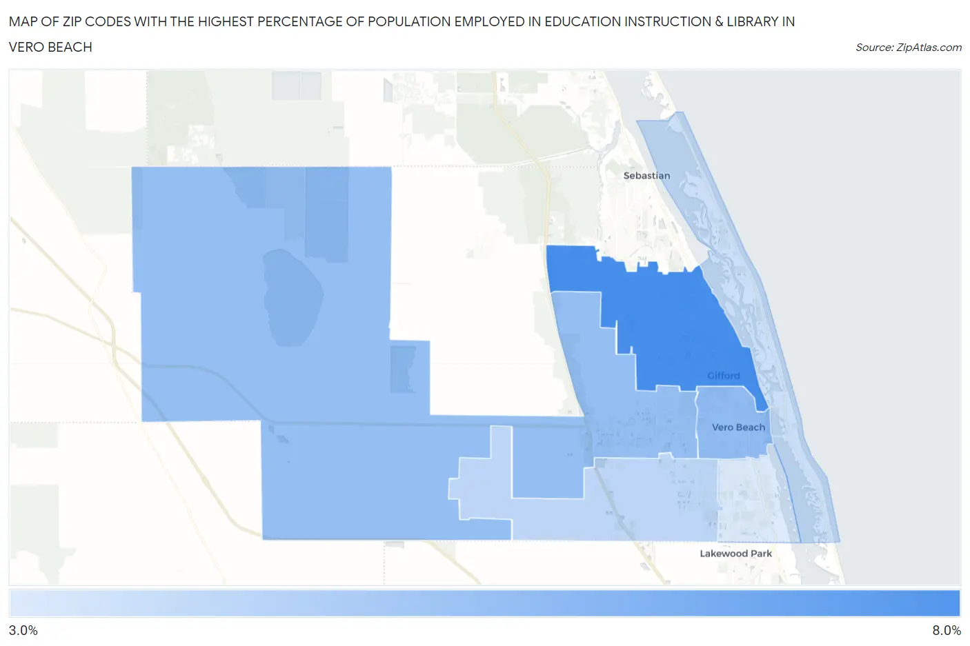 Zip Codes with the Highest Percentage of Population Employed in Education Instruction & Library in Vero Beach Map