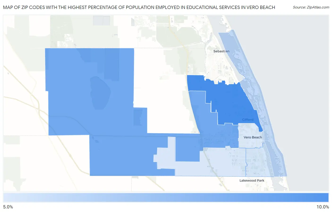 Zip Codes with the Highest Percentage of Population Employed in Educational Services in Vero Beach Map