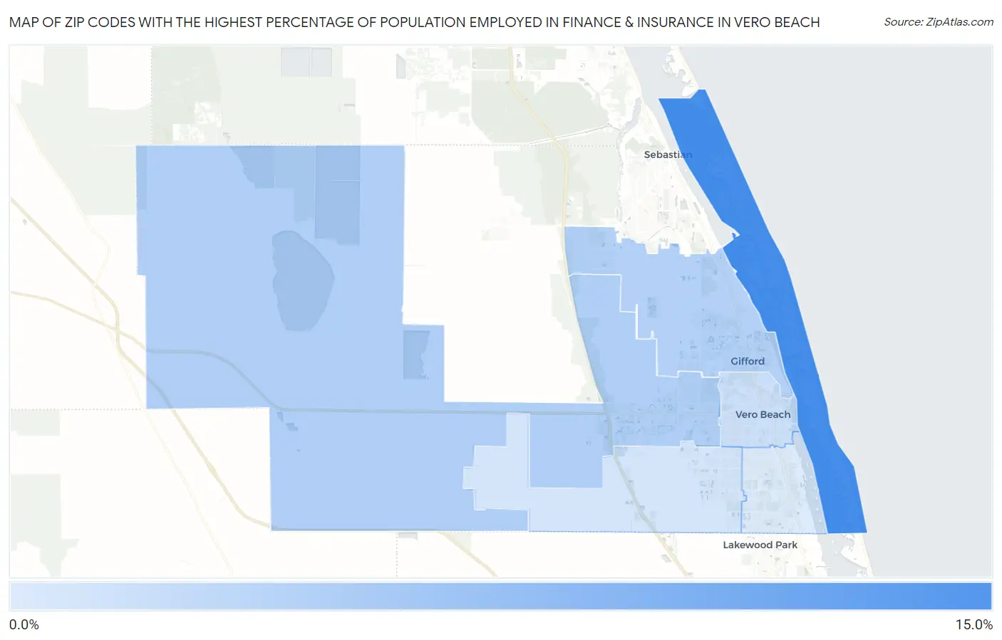 Zip Codes with the Highest Percentage of Population Employed in Finance & Insurance in Vero Beach Map