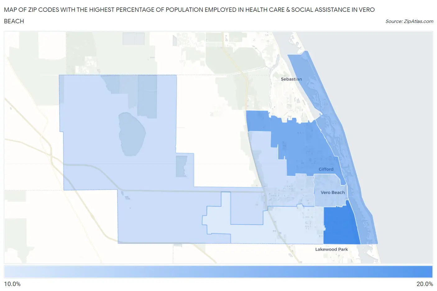 Zip Codes with the Highest Percentage of Population Employed in Health Care & Social Assistance in Vero Beach Map