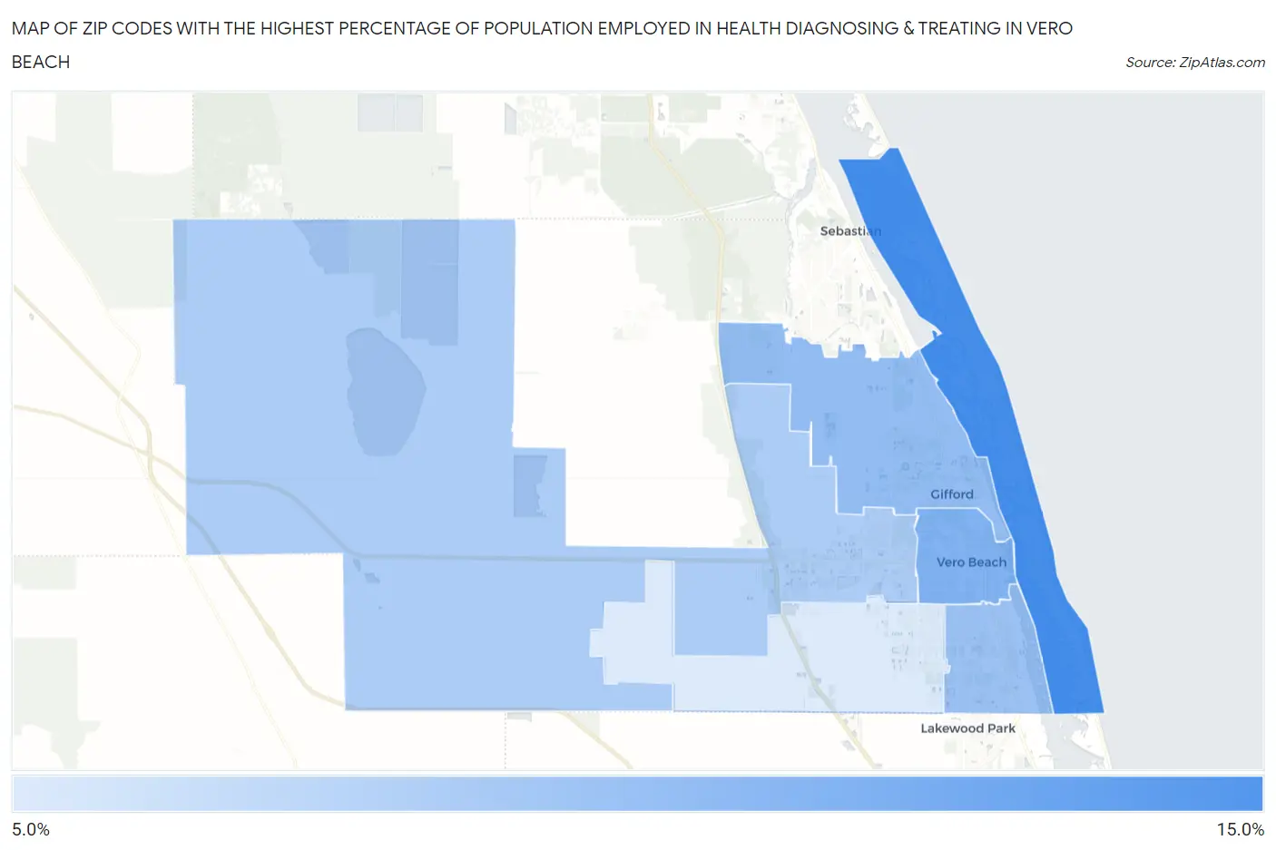 Zip Codes with the Highest Percentage of Population Employed in Health Diagnosing & Treating in Vero Beach Map