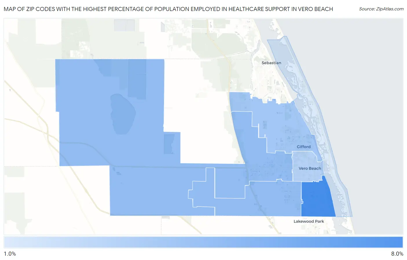 Zip Codes with the Highest Percentage of Population Employed in Healthcare Support in Vero Beach Map