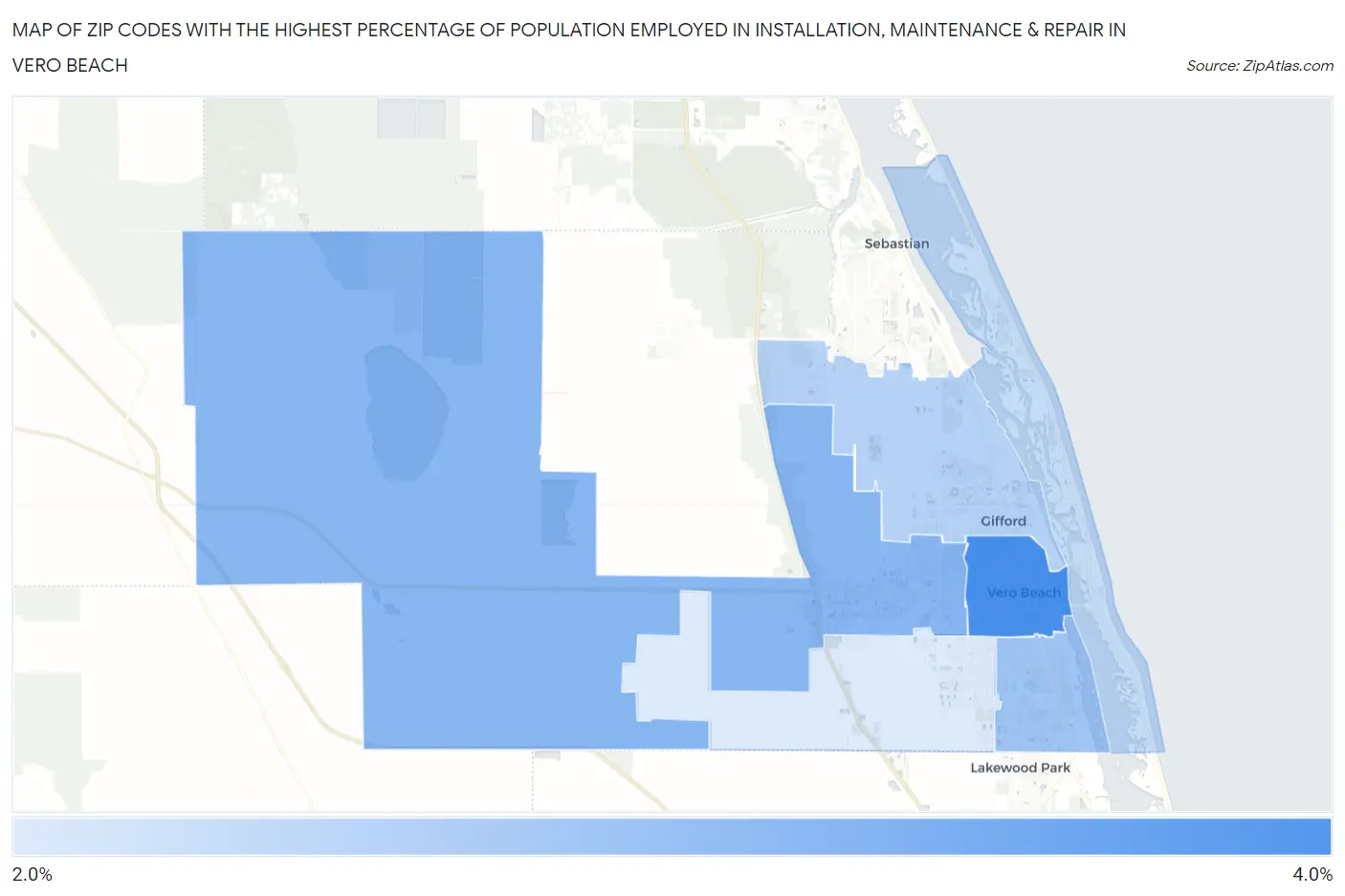 Zip Codes with the Highest Percentage of Population Employed in Installation, Maintenance & Repair in Vero Beach Map