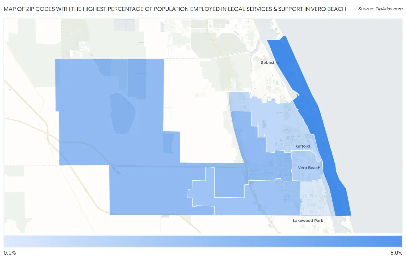 Zip Codes with the Highest Percentage of Population Employed in Legal Services & Support in Vero Beach Map