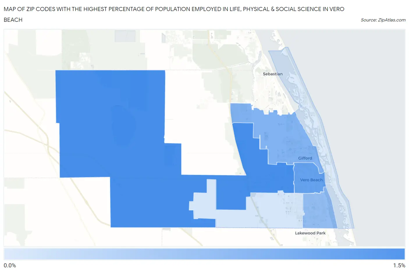 Zip Codes with the Highest Percentage of Population Employed in Life, Physical & Social Science in Vero Beach Map