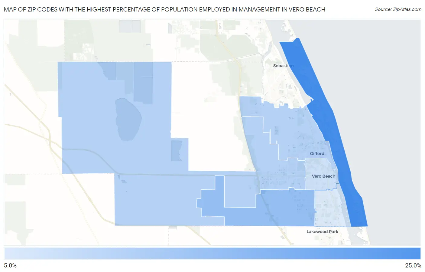 Zip Codes with the Highest Percentage of Population Employed in Management in Vero Beach Map