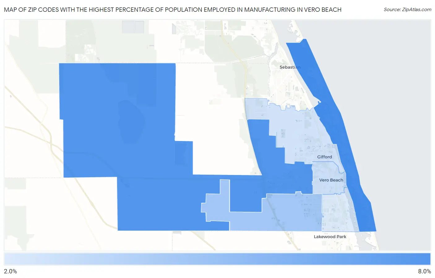 Zip Codes with the Highest Percentage of Population Employed in Manufacturing in Vero Beach Map