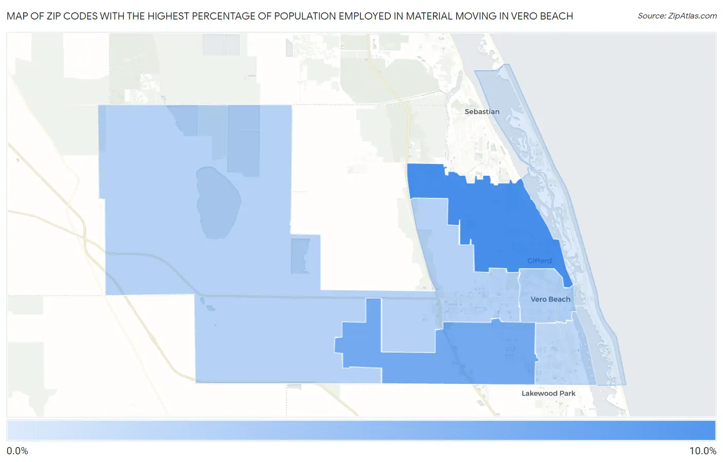 Zip Codes with the Highest Percentage of Population Employed in Material Moving in Vero Beach Map