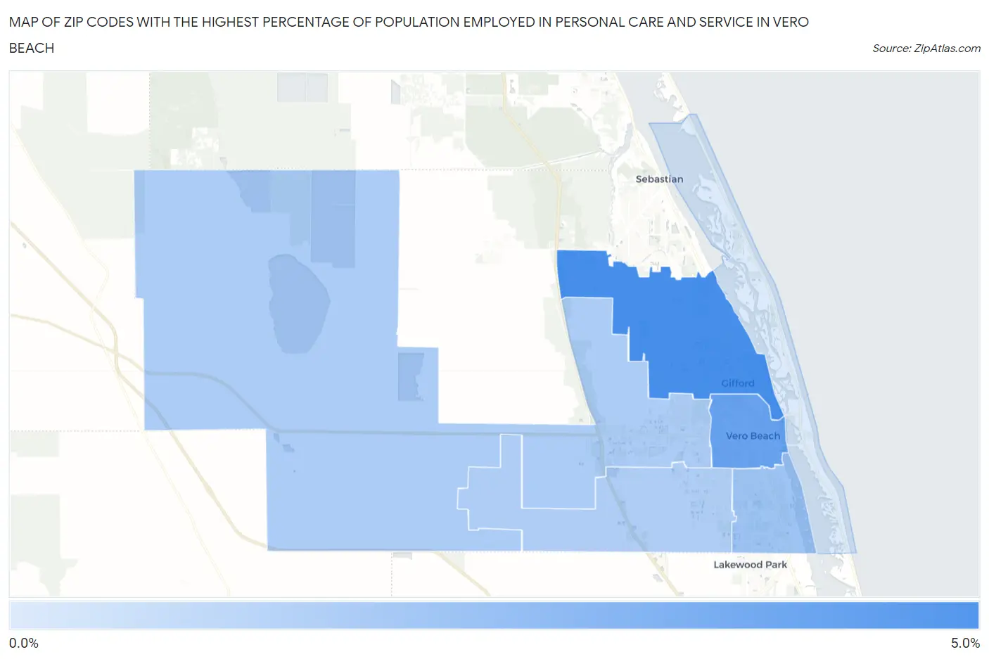 Zip Codes with the Highest Percentage of Population Employed in Personal Care and Service in Vero Beach Map