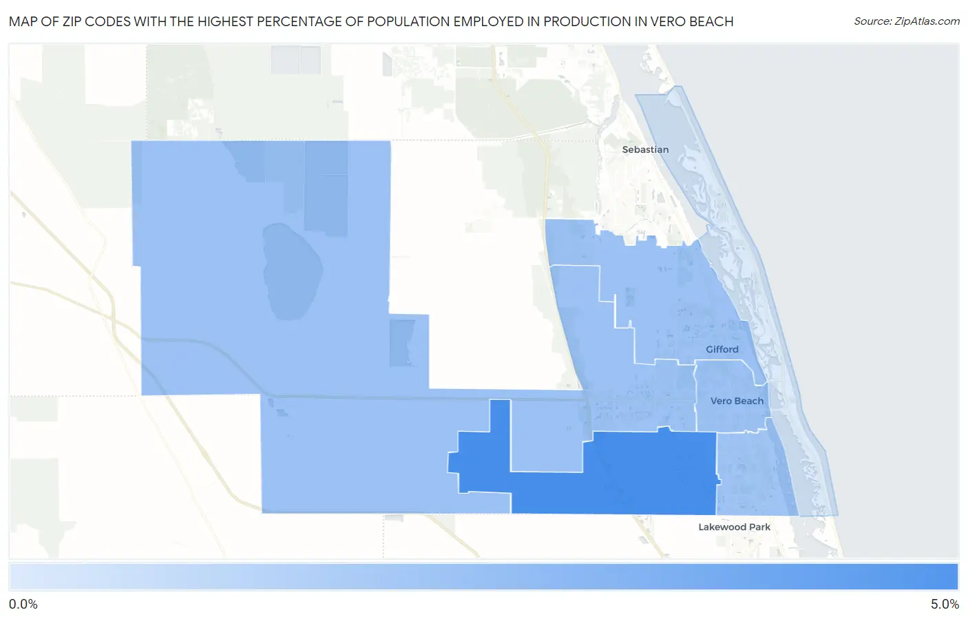 Zip Codes with the Highest Percentage of Population Employed in Production in Vero Beach Map