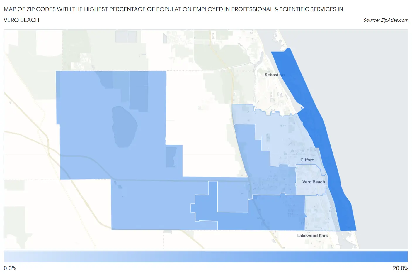 Zip Codes with the Highest Percentage of Population Employed in Professional & Scientific Services in Vero Beach Map