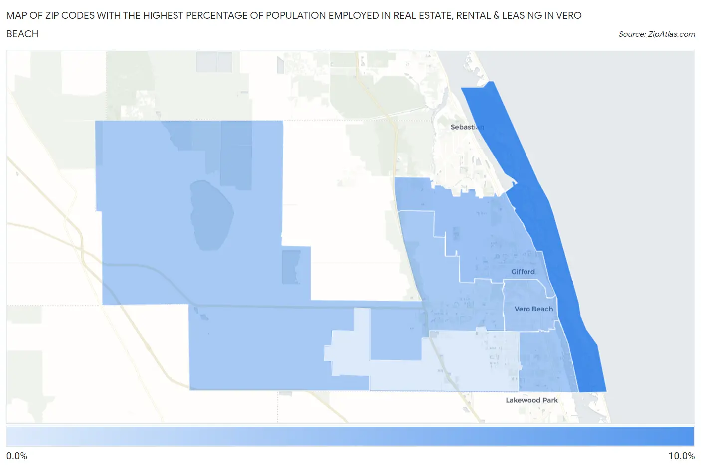 Zip Codes with the Highest Percentage of Population Employed in Real Estate, Rental & Leasing in Vero Beach Map