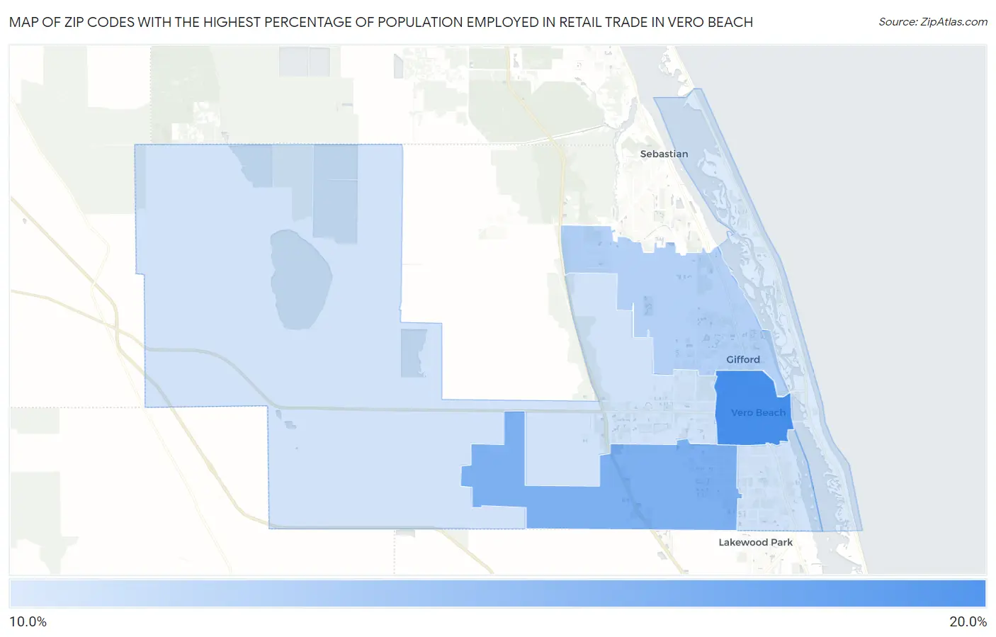 Zip Codes with the Highest Percentage of Population Employed in Retail Trade in Vero Beach Map