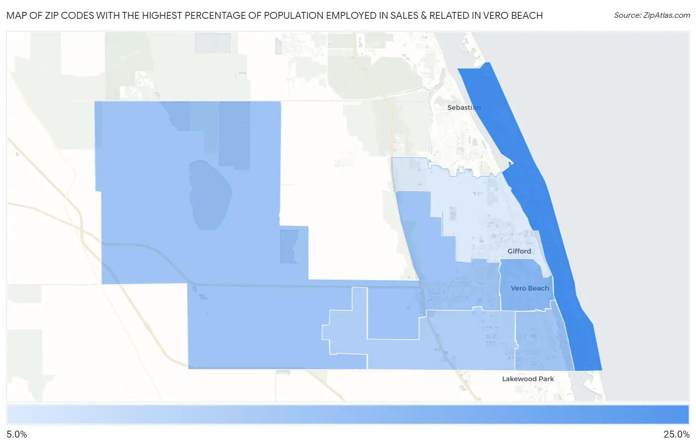 Zip Codes with the Highest Percentage of Population Employed in Sales & Related in Vero Beach Map
