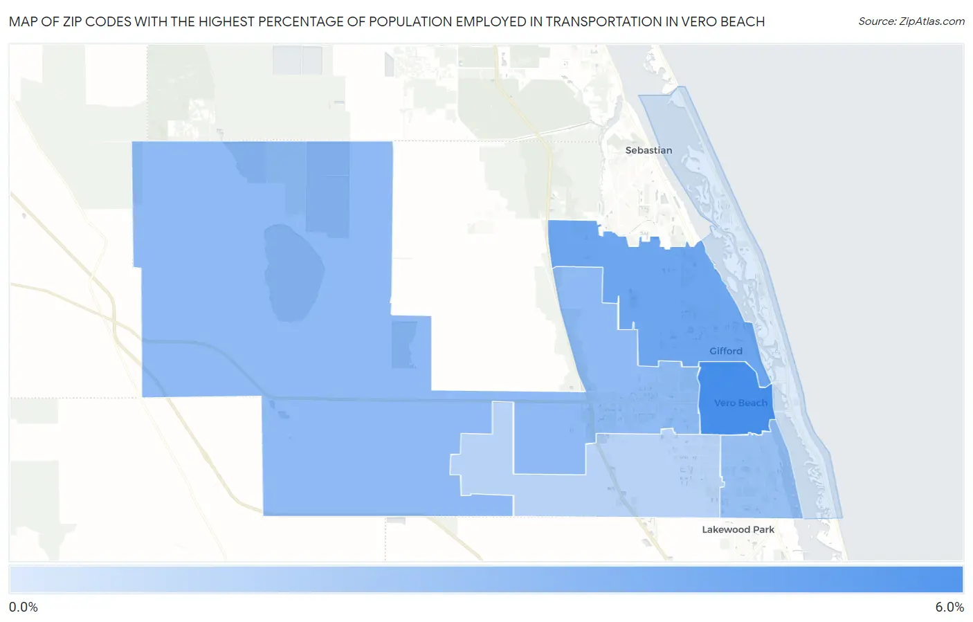 Zip Codes with the Highest Percentage of Population Employed in Transportation in Vero Beach Map