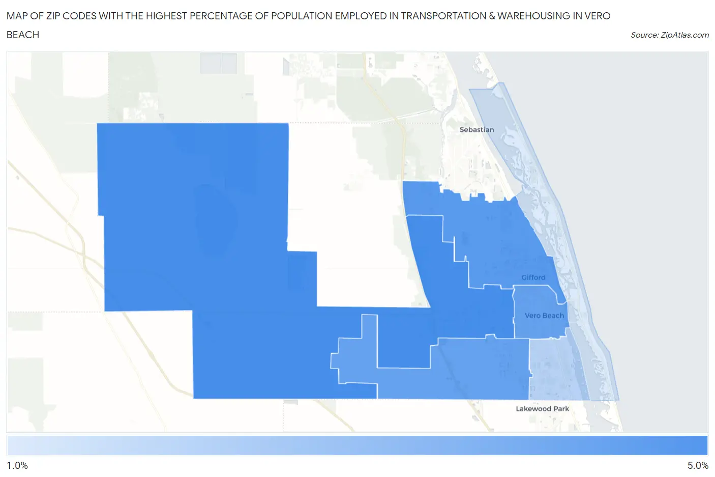 Zip Codes with the Highest Percentage of Population Employed in Transportation & Warehousing in Vero Beach Map