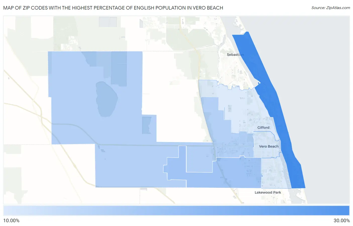 Zip Codes with the Highest Percentage of English Population in Vero Beach Map