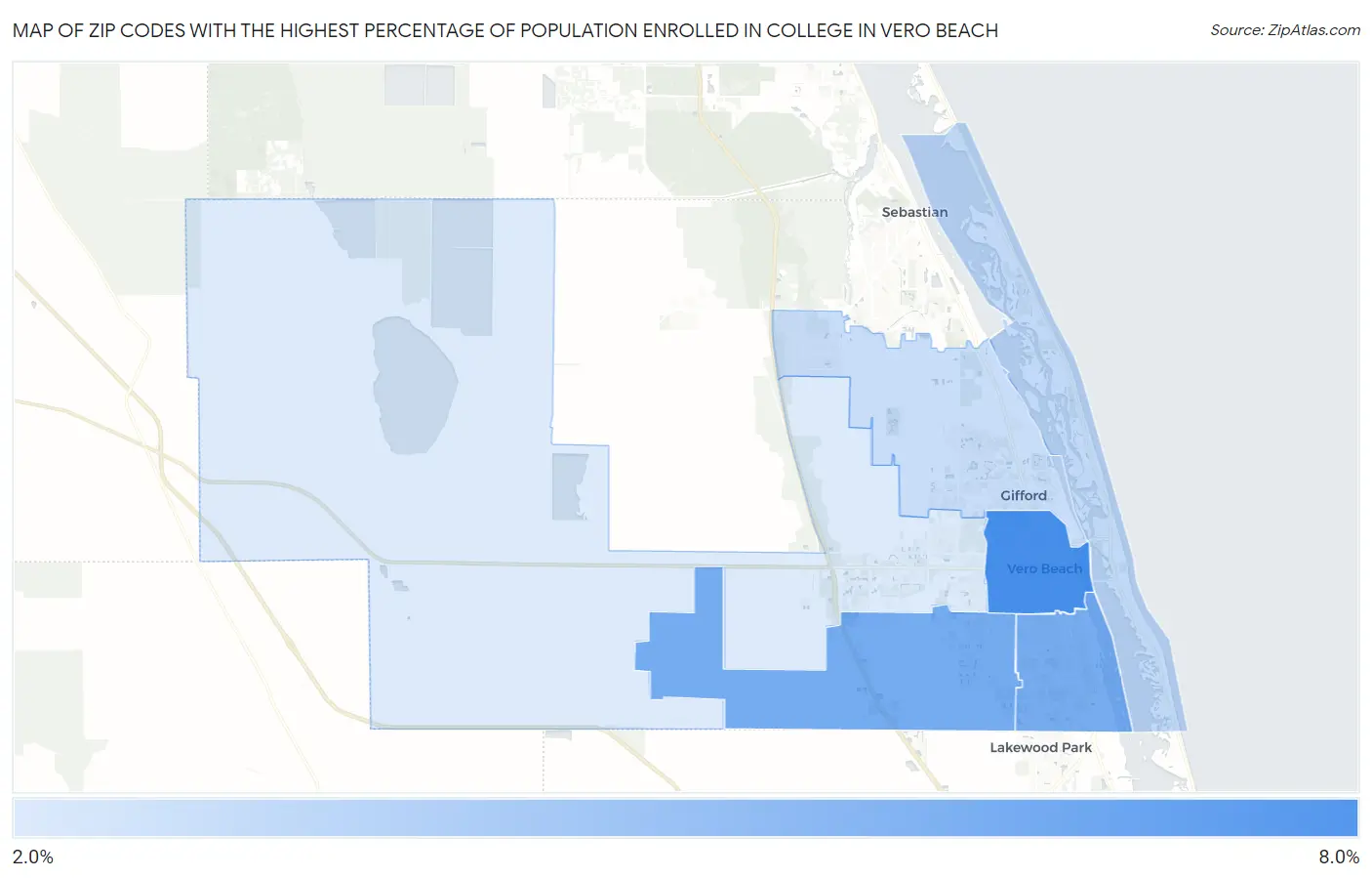 Zip Codes with the Highest Percentage of Population Enrolled in College in Vero Beach Map
