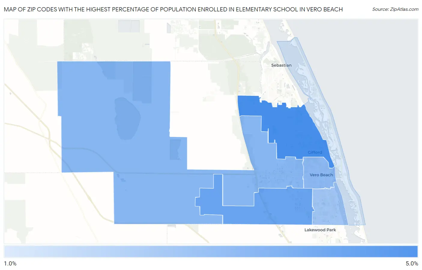 Zip Codes with the Highest Percentage of Population Enrolled in Elementary School in Vero Beach Map