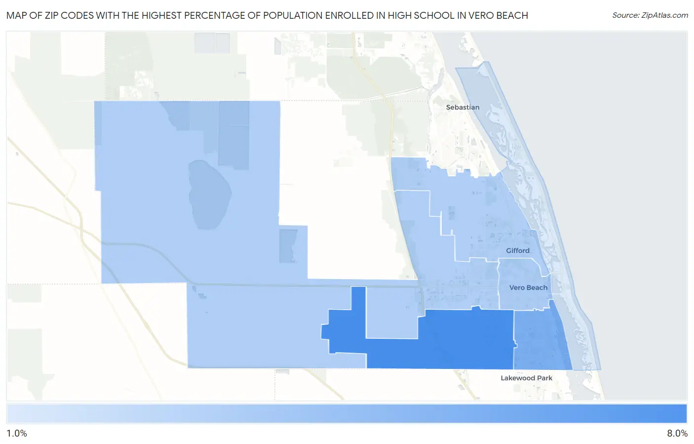 Zip Codes with the Highest Percentage of Population Enrolled in High School in Vero Beach Map
