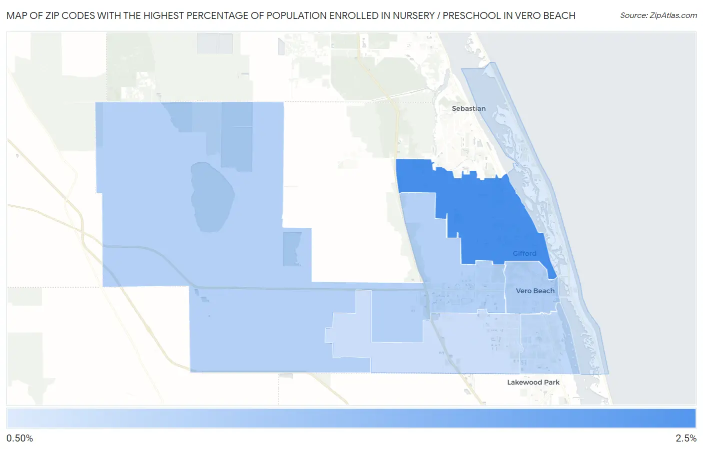 Zip Codes with the Highest Percentage of Population Enrolled in Nursery / Preschool in Vero Beach Map