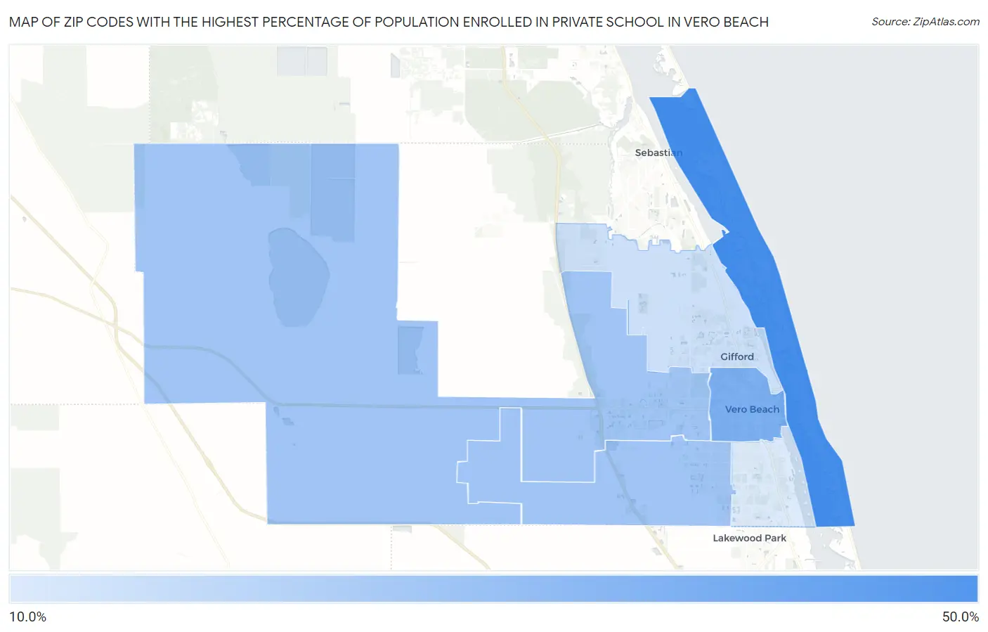 Zip Codes with the Highest Percentage of Population Enrolled in Private School in Vero Beach Map