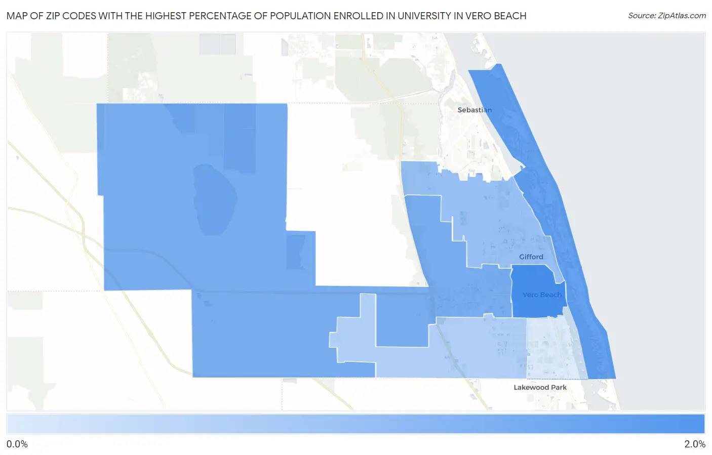 Zip Codes with the Highest Percentage of Population Enrolled in University in Vero Beach Map