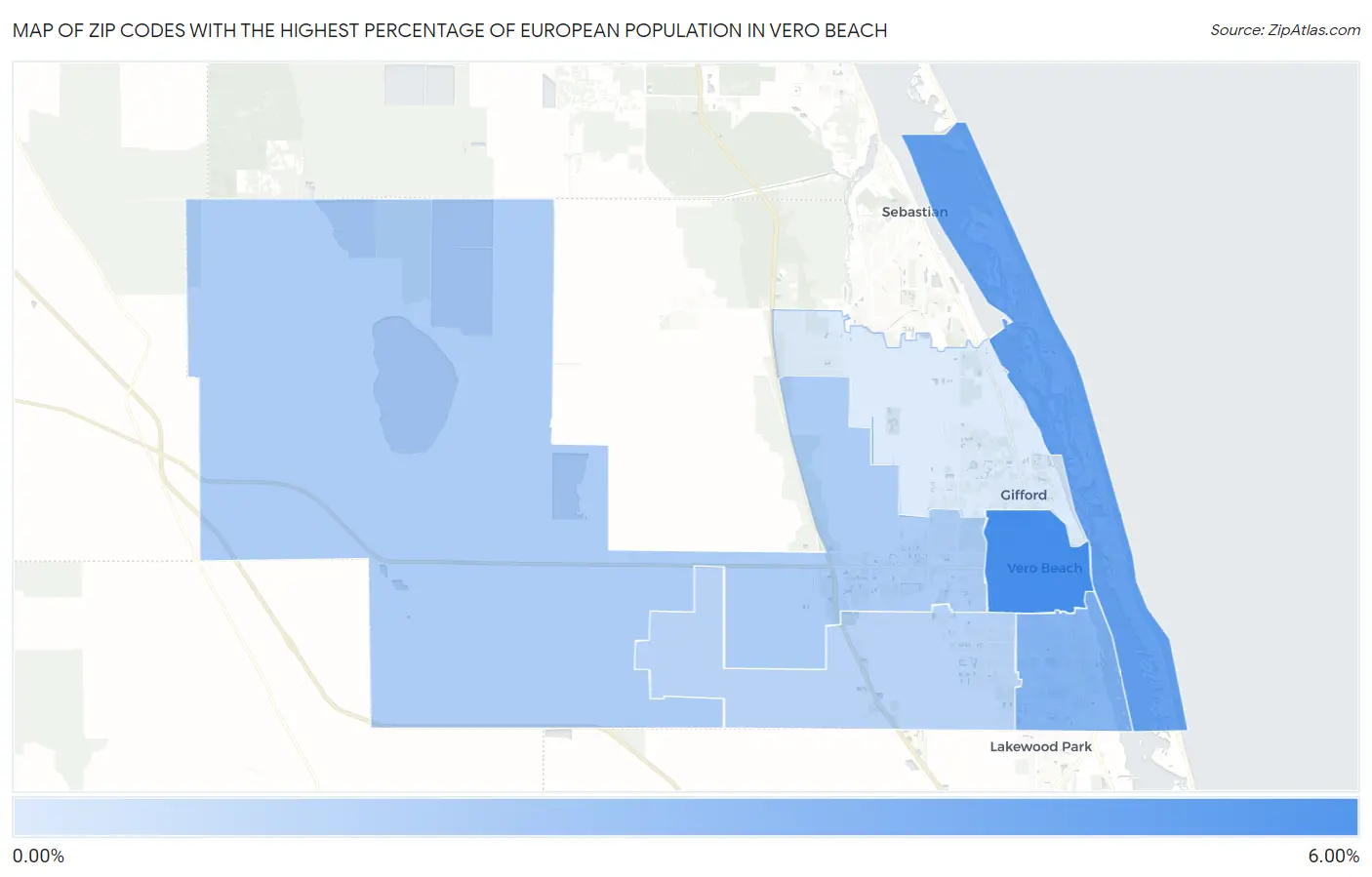 Zip Codes with the Highest Percentage of European Population in Vero Beach Map