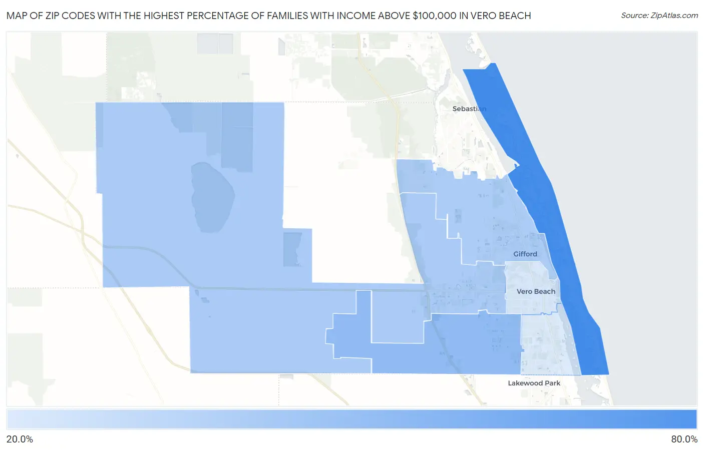 Zip Codes with the Highest Percentage of Families with Income Above $100,000 in Vero Beach Map