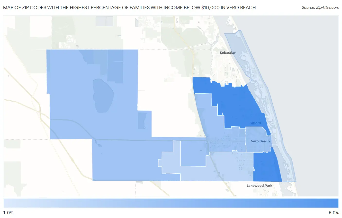 Zip Codes with the Highest Percentage of Families with Income Below $10,000 in Vero Beach Map