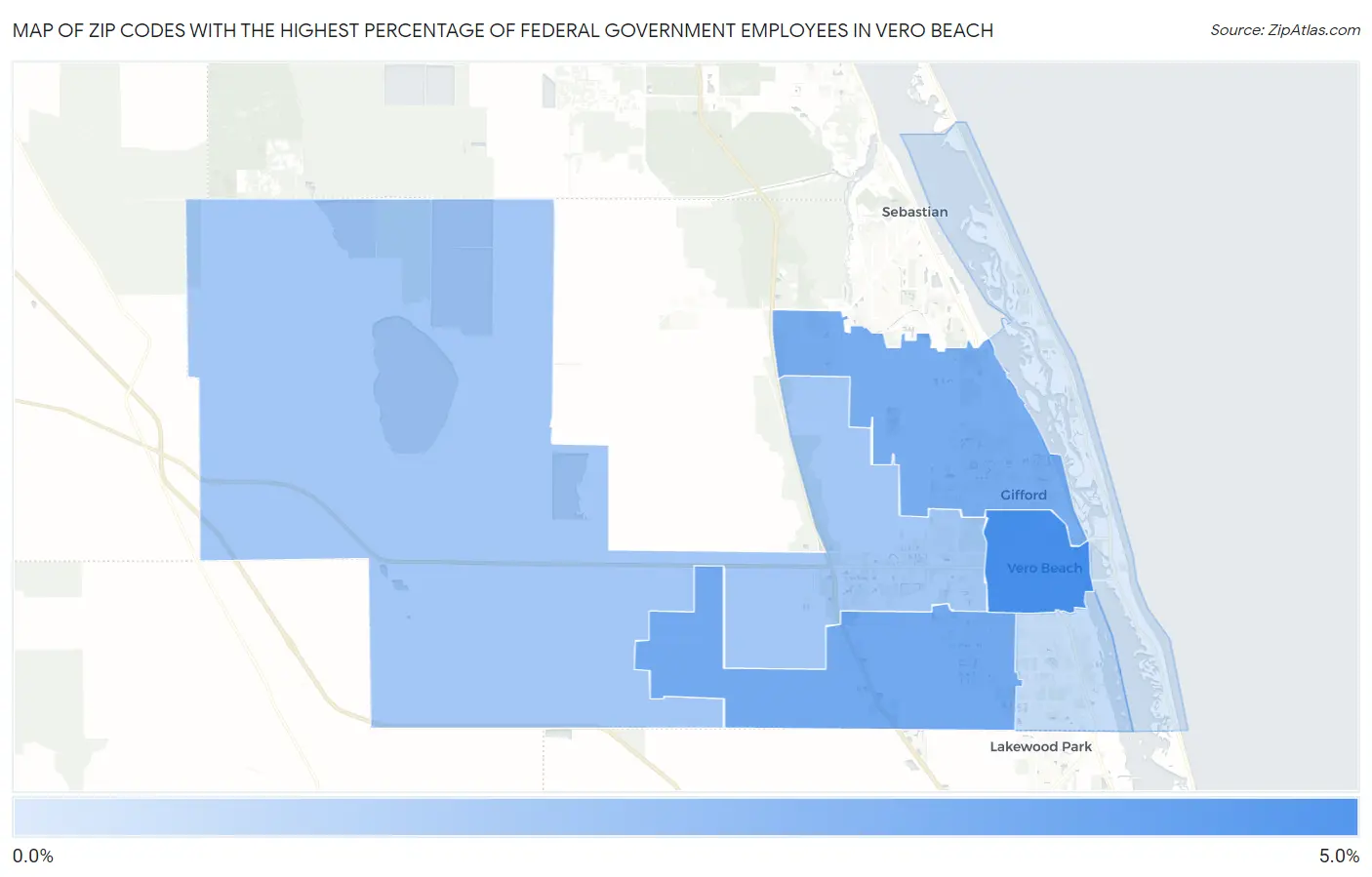 Zip Codes with the Highest Percentage of Federal Government Employees in Vero Beach Map