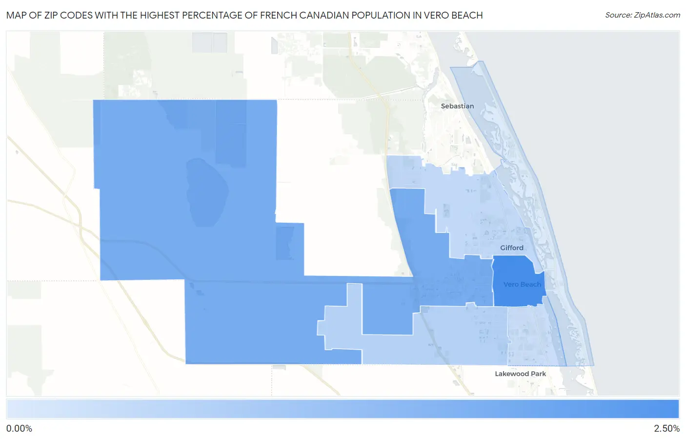 Zip Codes with the Highest Percentage of French Canadian Population in Vero Beach Map