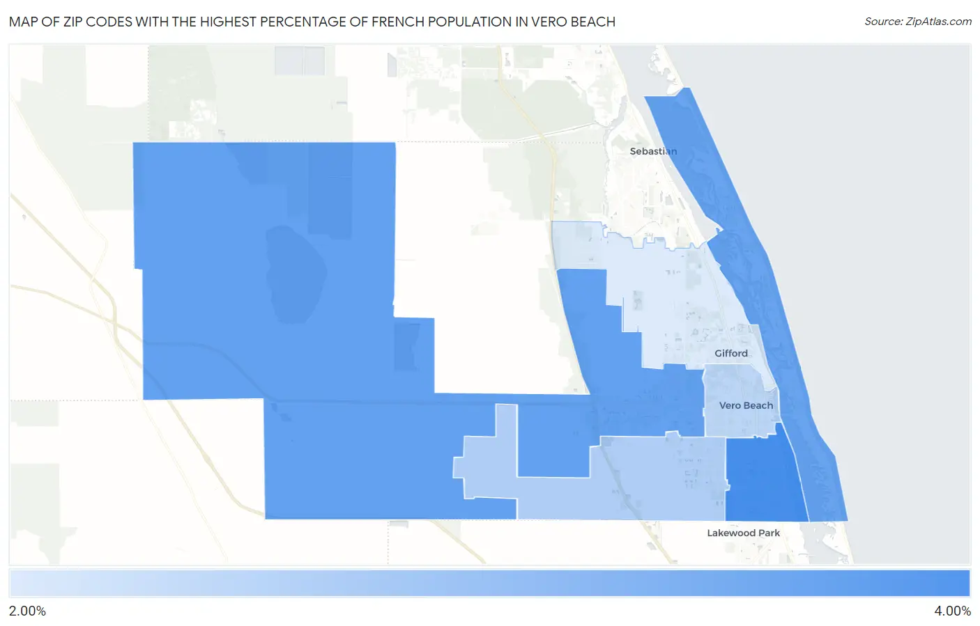 Zip Codes with the Highest Percentage of French Population in Vero Beach Map