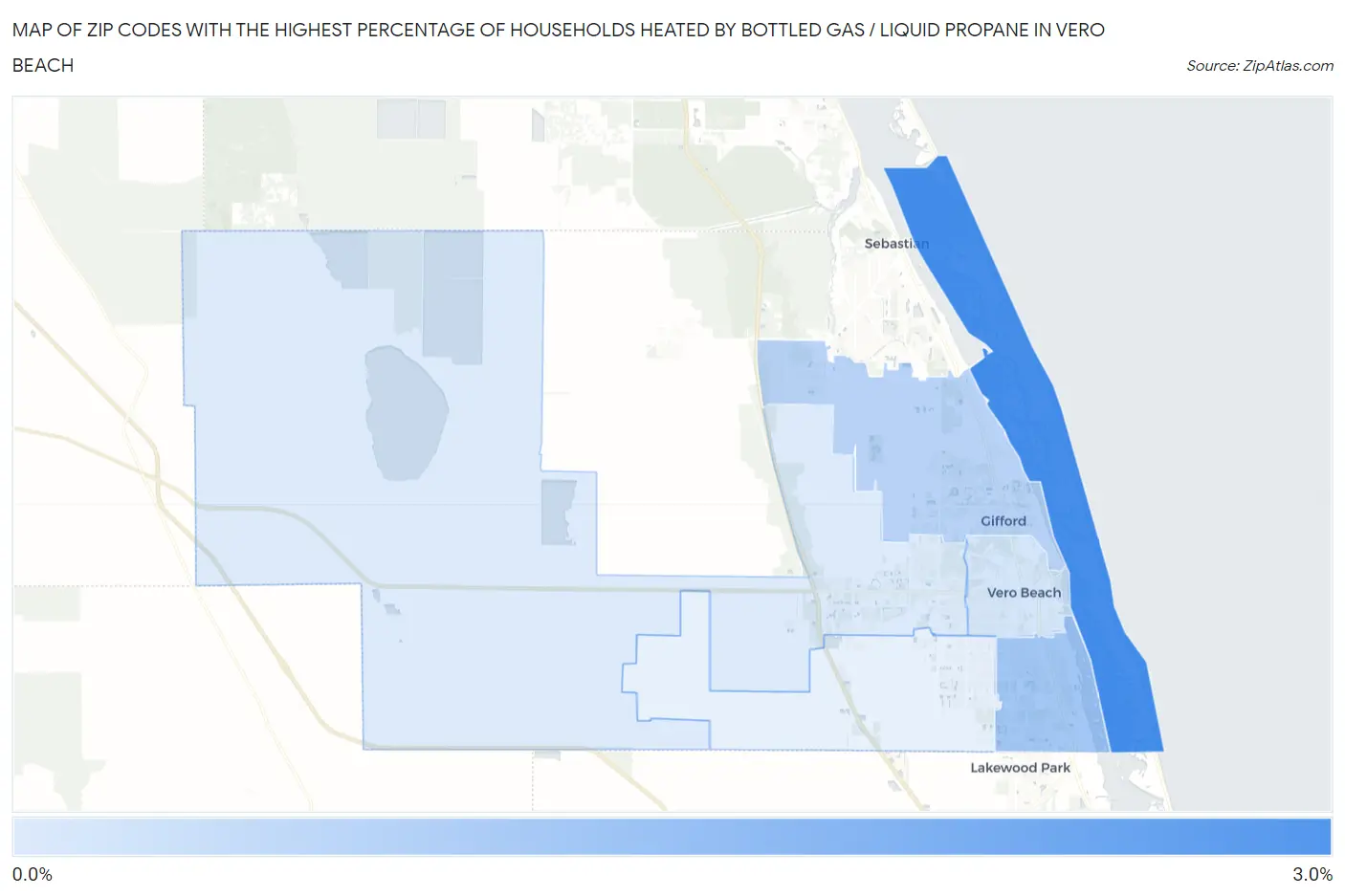 Zip Codes with the Highest Percentage of Households Heated by Bottled Gas / Liquid Propane in Vero Beach Map