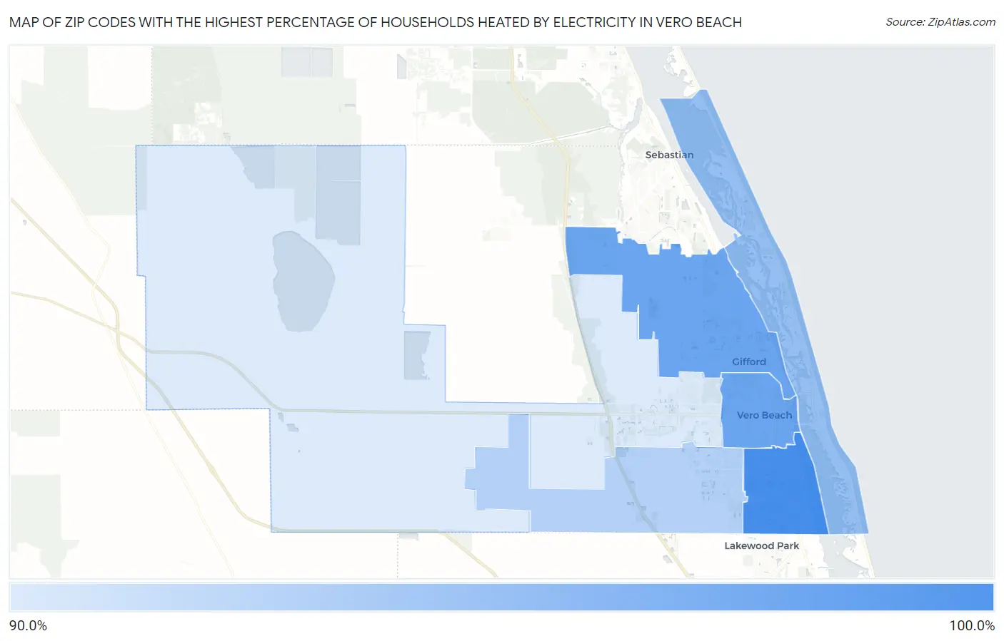 Zip Codes with the Highest Percentage of Households Heated by Electricity in Vero Beach Map
