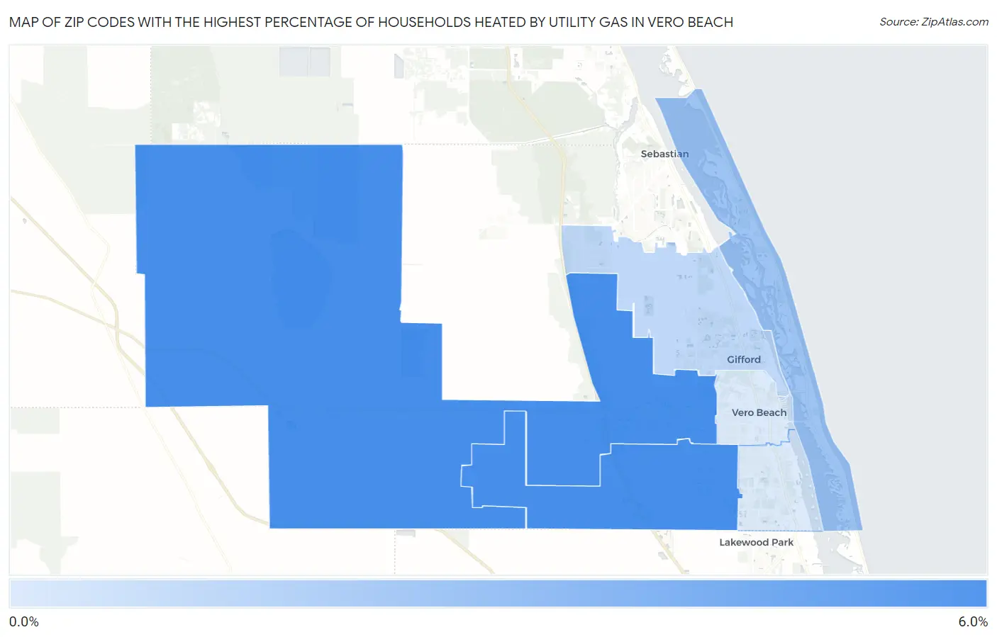 Zip Codes with the Highest Percentage of Households Heated by Utility Gas in Vero Beach Map