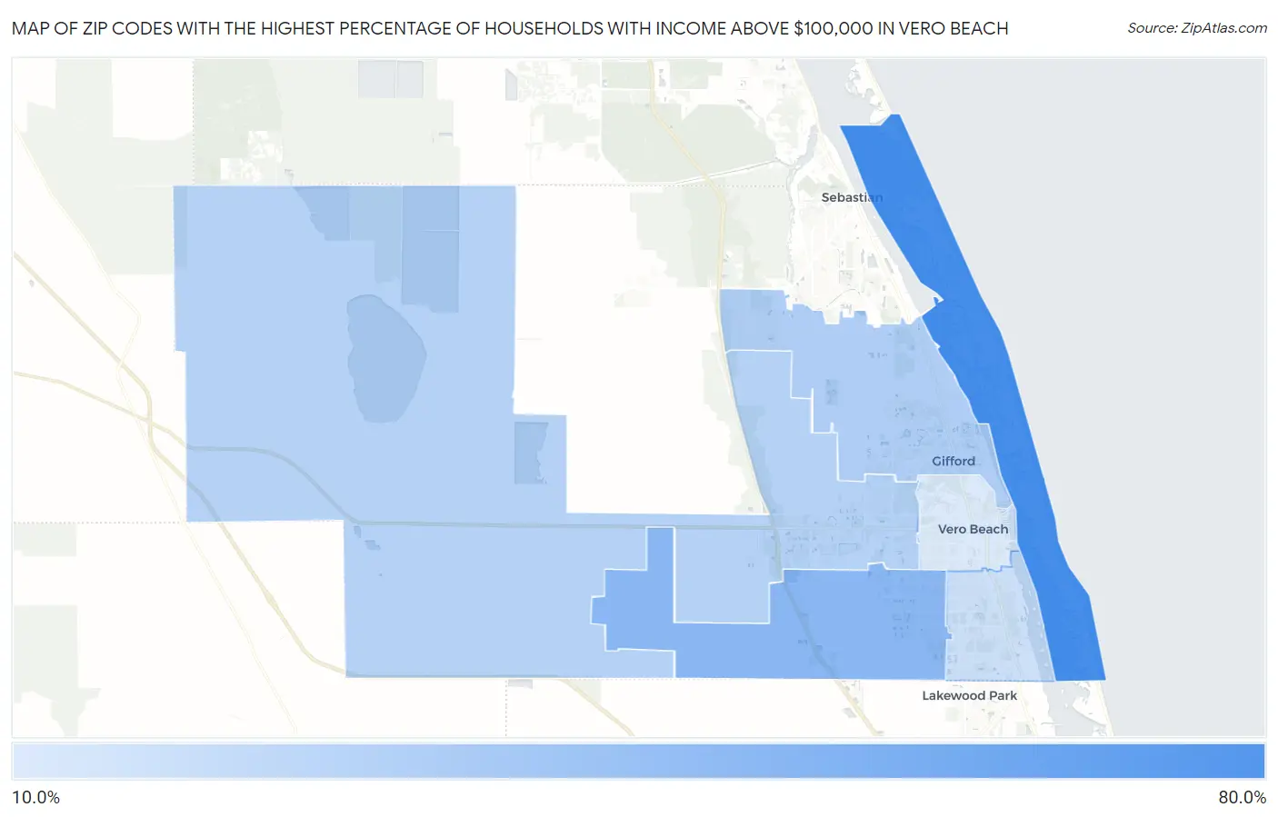 Zip Codes with the Highest Percentage of Households with Income Above $100,000 in Vero Beach Map