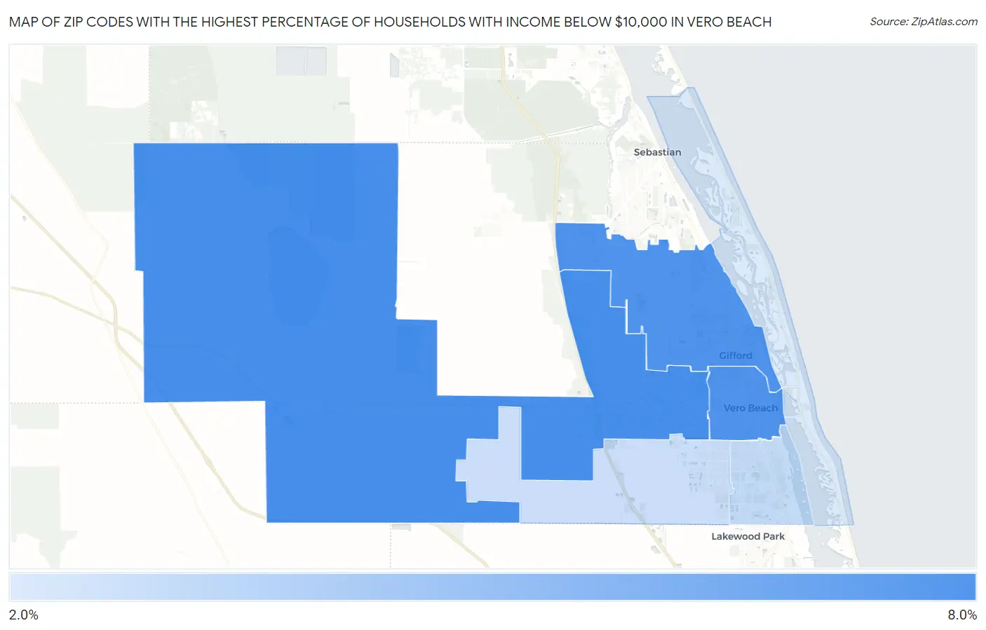 Zip Codes with the Highest Percentage of Households with Income Below $10,000 in Vero Beach Map